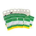 Scaffold tag holder kit contents laid out - 10 ABS holders, 10 green scaffold status inserts, cable ties and marker pen